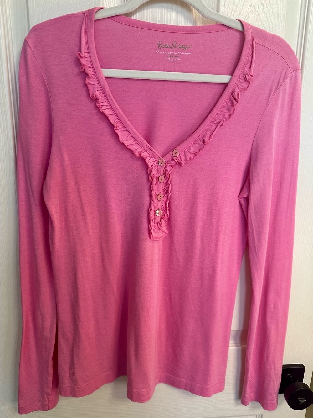 Lilly Pulitzer Pink Long Sleeve Lela Ruffle Henley Size M